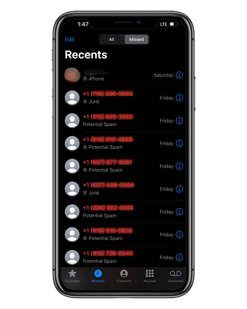 Screenshot of missed spam and robocalls